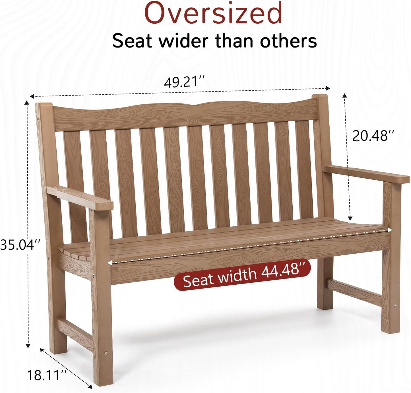 Outdoor Bench, 2-Person Poly Lumber Garden Bench, All-Weather Outside Bench with 800 lbs Weight Capacity, Never Rot or Fade, Looks Like Real Wood, Teak