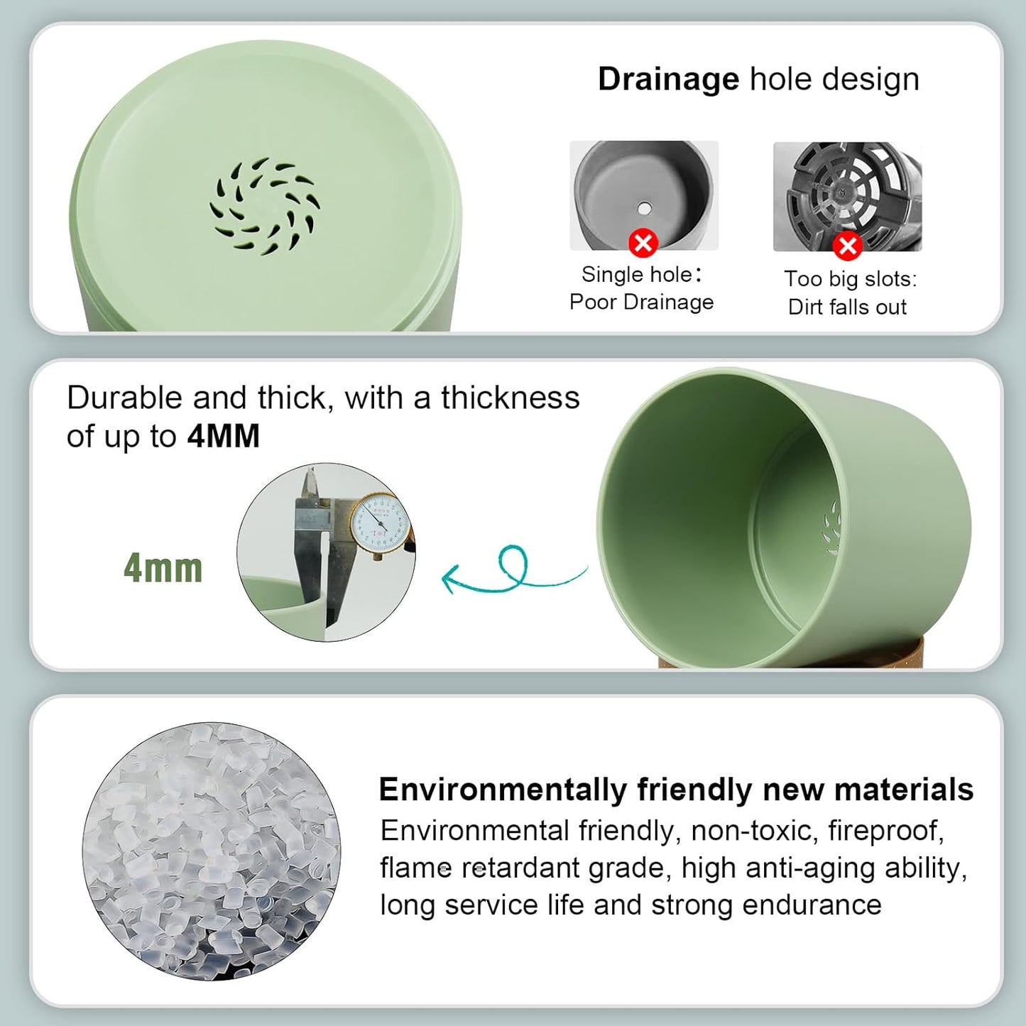 3 Pack 6/5/4 inch Cylindrical Flower Pots, Modern Small Round Plastic Plant Pots with Drainage Holes & Saucers, Clean and Refined Planter Pots for Outdoor, Indoor & Office Decor (Green Brown)