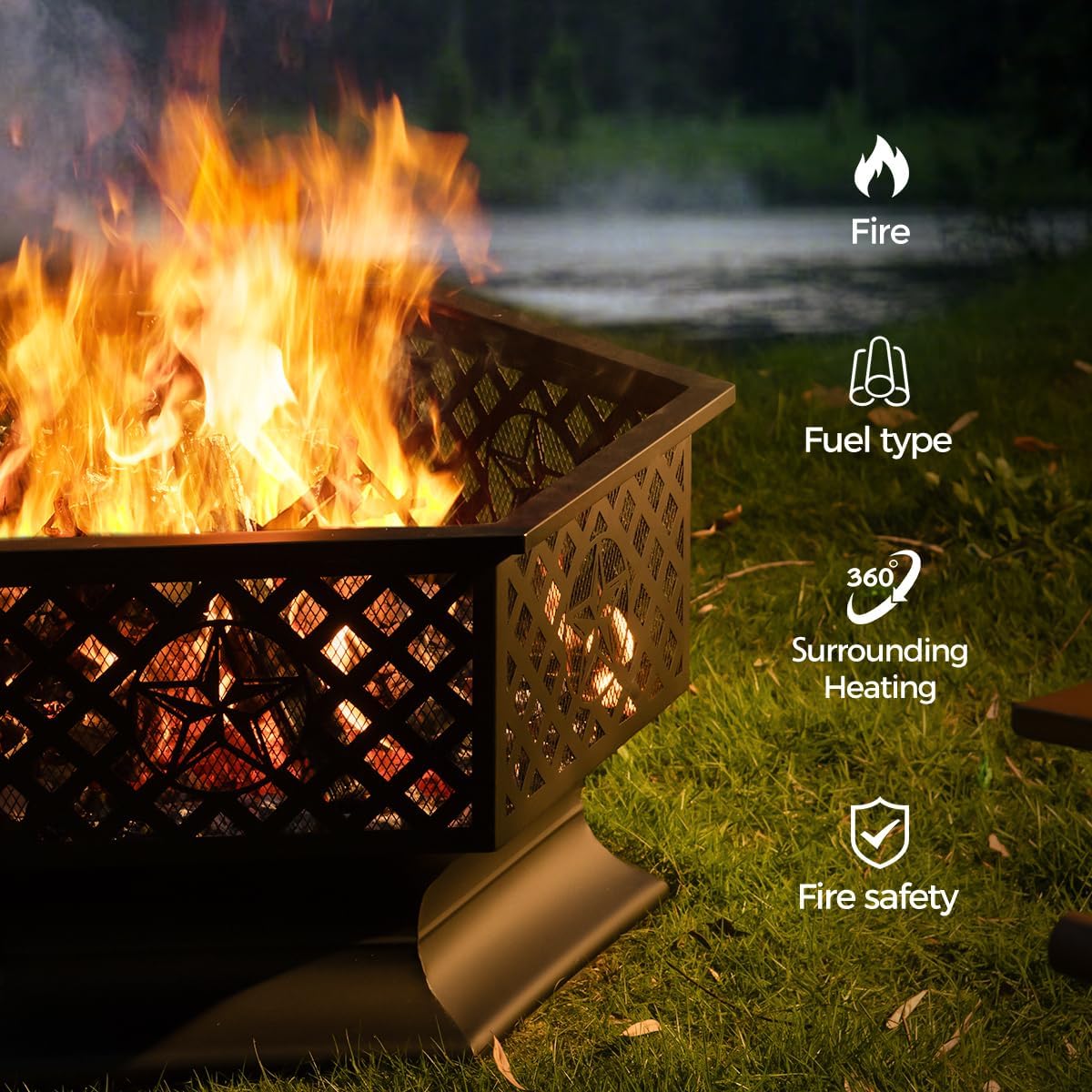 33 Inch Outdoor Fire Pit, Hexagon Shaped Wood Burning Fire pits for Outside, Metal Firepit with Fire Poker&Mesh Cover for Bonfire, Patio, Yard, Garden,Beach and Camping (33'' Black)