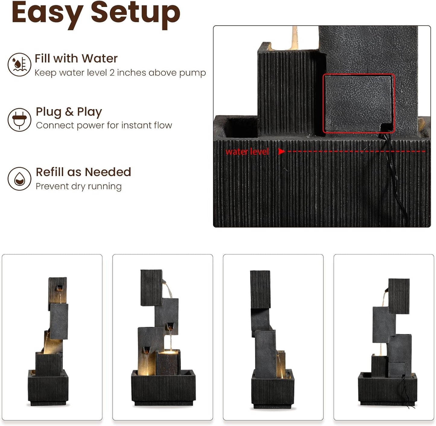 42" H Outdoor Water Fountain Garden Waterfalls - Large Water Feature Geometric Stacking Waterfall Fountains Planter with Lights for Patio Backyard Deck Porch Deck and Home Decor, Gray