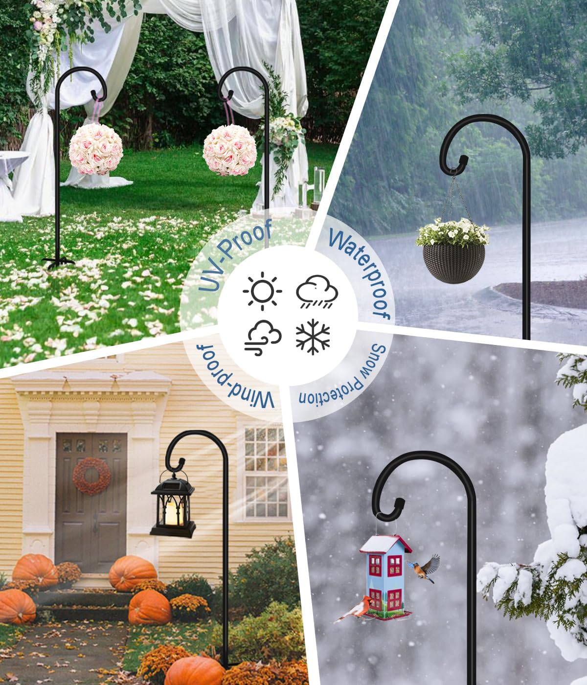 76 inch Outdoor Shepherd Hook with 7 Prong Base (1 Pack), Adjustable Heavy Duty Garden Hanging Stake for Bird Feeder Solar Light Plant Hanger Wedding Decor, Matte Black