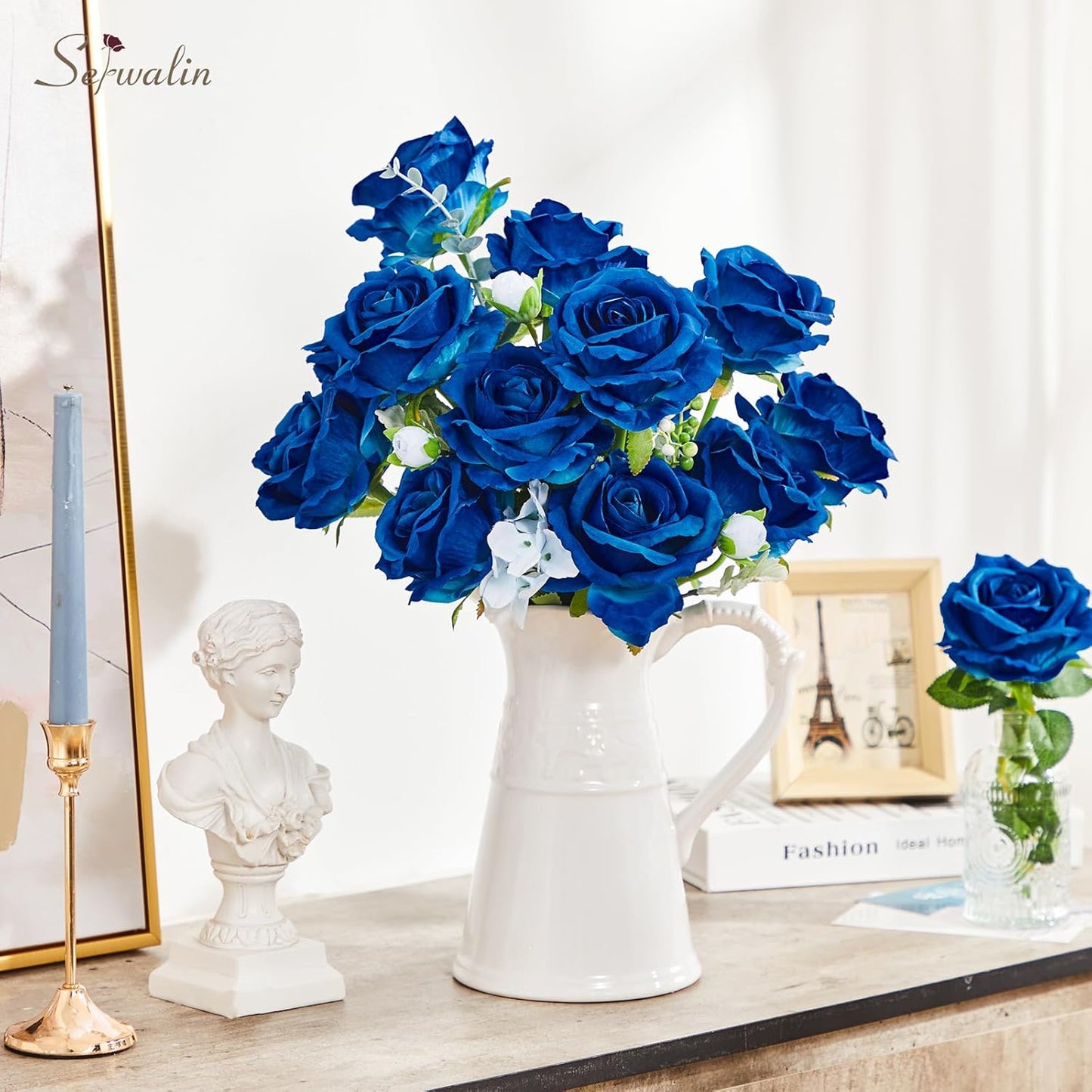 Serwalin 20pcs Artificial Roses, 4'' Big Flower Head, Blue Velvet Roses, Silk Fake Roses Long Stem Bouquet for and Wedding Arrangements Table Centerpiece