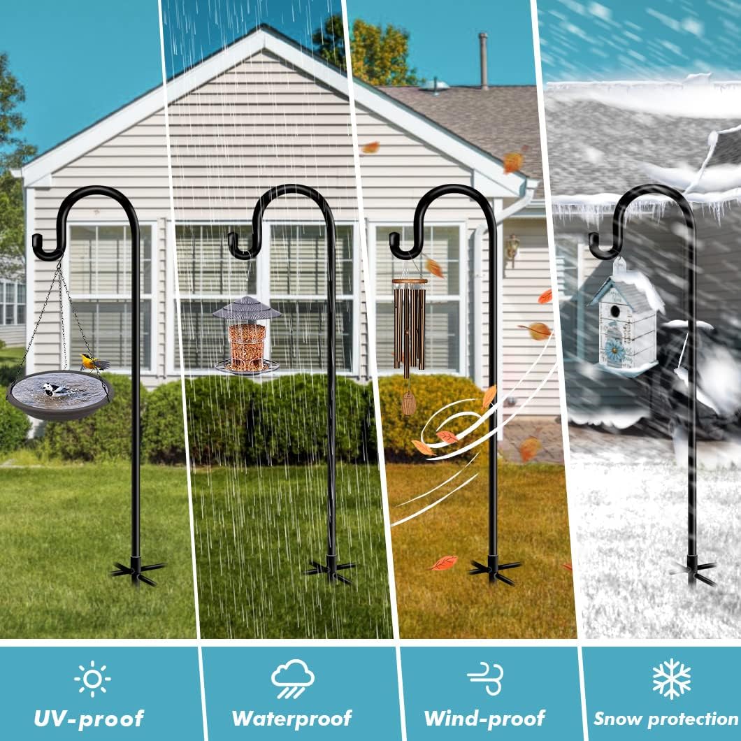 76 in Outdoor Shepherd Hooks for Hanging Plants, Garden Adjustable Heavy Duty Hummingbird Feeder Pole Stand Hanger with Stand for Solar Lantern Flower Baskets Wind Chimes, Black 1 Pack