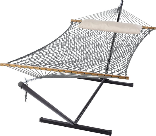 SUNCREAT Rope Hammock with Stand Included, Portable Double Hammock with Soft Pillow, Gray