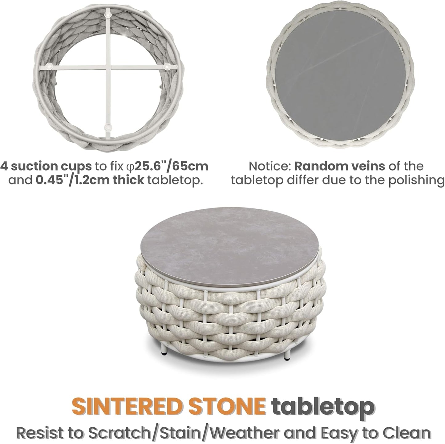 Woven Rope Patio Chair and Table Set: 2 Pieces Aluminum Front Porch Furniture Set - Assembled Outdoor Deck Lounge Armchair Set Cushioned - for 400 lbs Balcony Pool Yard Garden Hotel Lanai, Beige