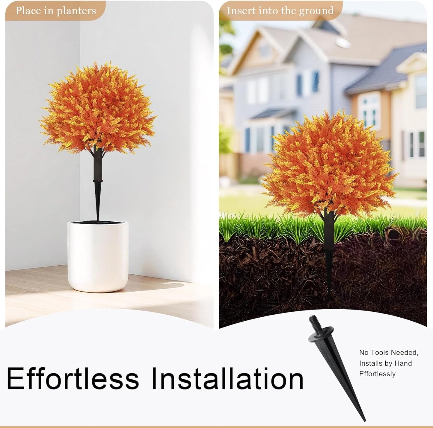 24" Artificial Cedar Topiary Ball Bushes, Set of 2 UV Resistant Fake Trees Outdoor Shrubs with Stake, Weatherproof Faux Plants for Planter, Front Porch, Garden, Yard, Patio Fall Decor