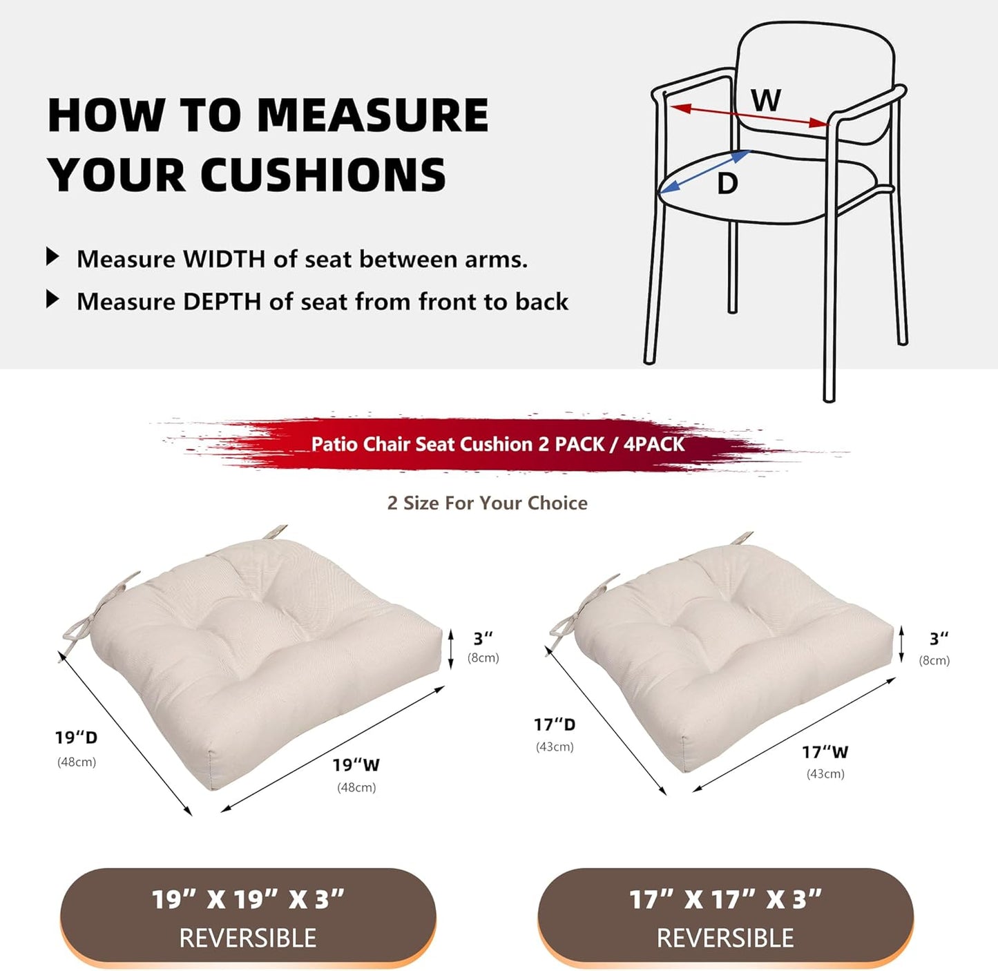RACE LEAF Patio Chair Cushions 19x19 Inch 4 Pack, Thickened Outdoor Seat Cushions Water Resistant with Non-Slip Ties & Stain Resistant Tufted Design (Beige)