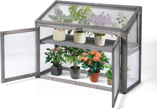 VINGLI Cold Frame Greenhouse, Mini Wooden Green House with Flip-Top Roof, Raised Flower Planter Shelf, Small Lockable Wood Cabinet for Plants Indoor Outdoor (Grey, 35.43" x 14.37" x 27.36")