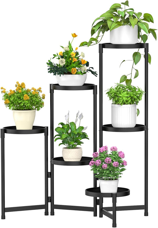 MOKANI Metal Plant Stand Indoor Outdoor for Multiple Plants, 6 Tiered Folding Corner Shelf Tall Flower Pot Holder Display Rack for Patio Living Room Balcony Garden, Black