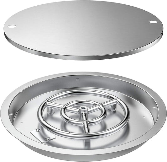 Skyflame 19 Inch Round Stainless Steel Drop in Fire Pit Pan Fire Bowl with Burner Ring and Protective Cover