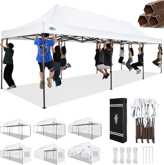 COBIZI 10x30 Pop Up Canopy Tent Heavy Duty with 8 Removable Sidewalls, Commercial Portable Tents for Parties Ez Up Canopy All-Weather Windproof & Waterproof and UPF 80+ Wedding Tent Sun Shelter