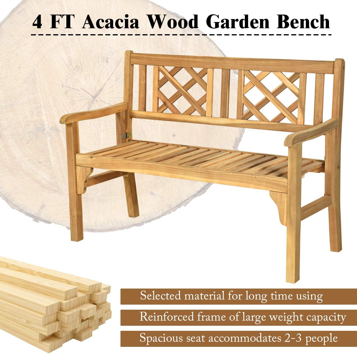 Giantex 4 Ft Foldable Outdoor Bench, Acacia Wood Outside Loveseat with Curved Backrest and Armrest, 705Lbs Weight Capacity, Garden Bench for Patio, Park, Porch, Balcony