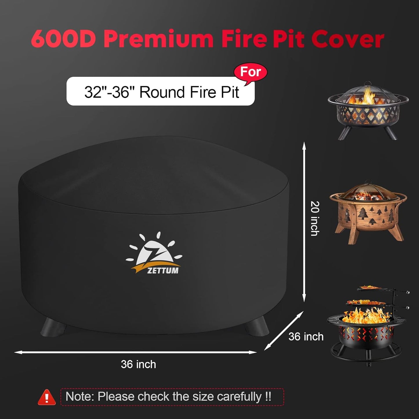 Fire Pit Cover Round 36 Inch - Outdoor Firepit Cover Heavy Duty & Waterproof, 600D Patio Fire Table Cover Gas Fire Pit Accessories Fade & Weather Resistant - 36 x 36 x 20 Inch