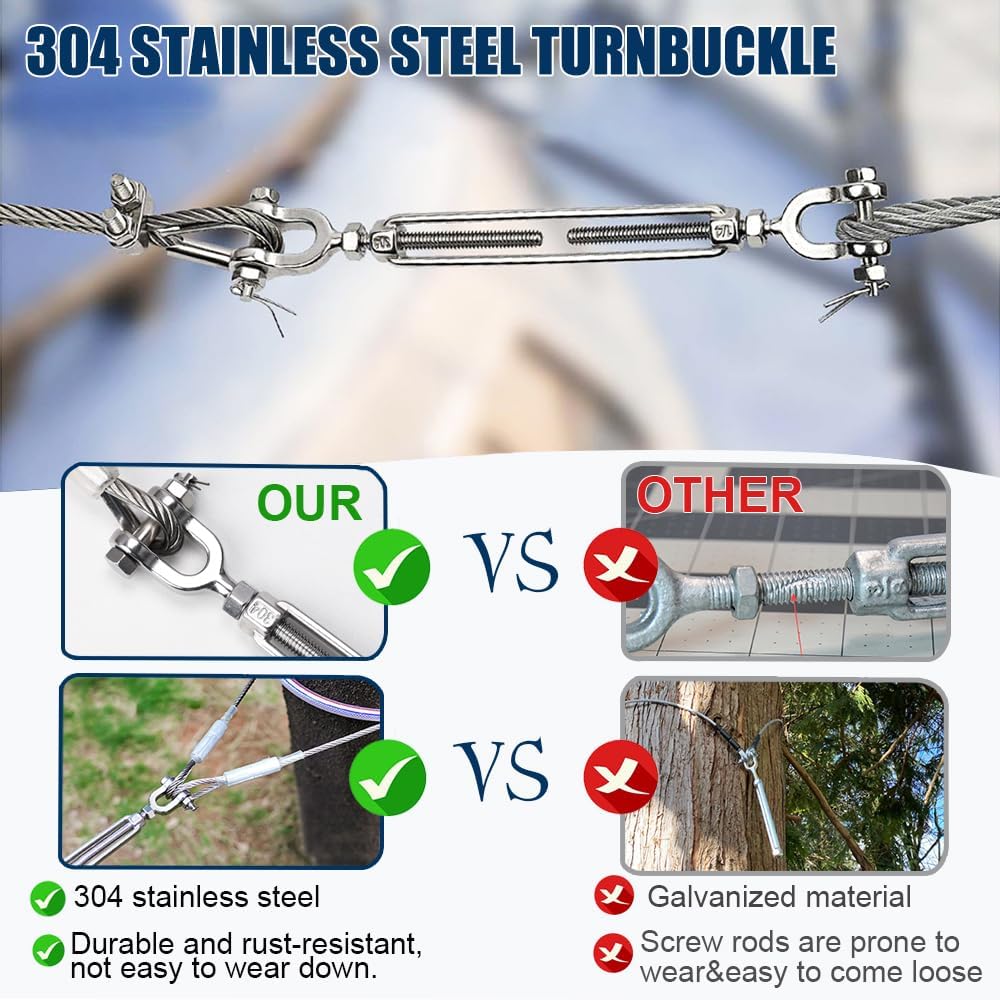 1/4" Wire Rope Kit, 50ft Stainless Steel Cable with 2Pcs 1/4 Turnbuckle, Clamp & Thimble, 7x19 Strands Heavy Duty Metal Cable,1400 lbs Load Limit, Turnbuckles for Cables Wire, Zipline