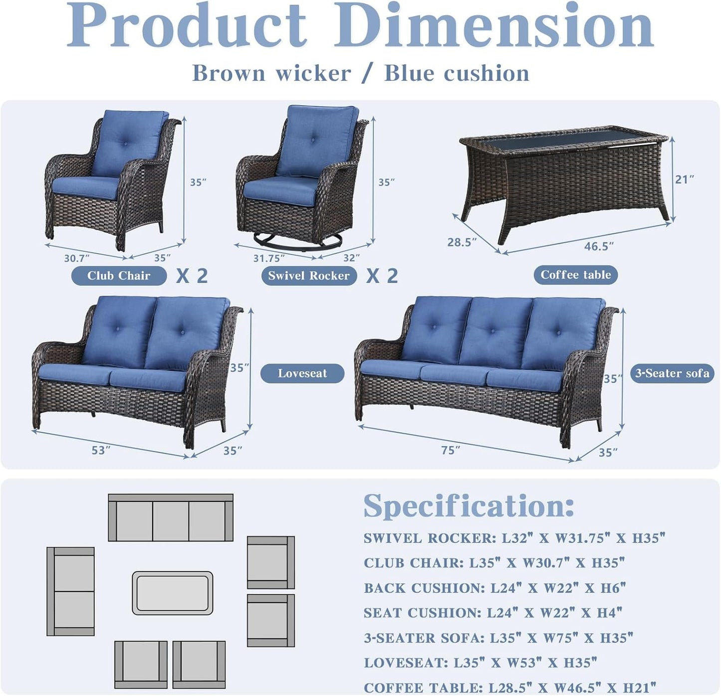 Outdoor Wicker Furniture Patio Set - 7 Piece Backyard Furniture Brown Rattan Conversation Sets with Swivel Rocker Chairs, Rattan Sofa, Club Chairs and Coffee Table, Blue Cushion