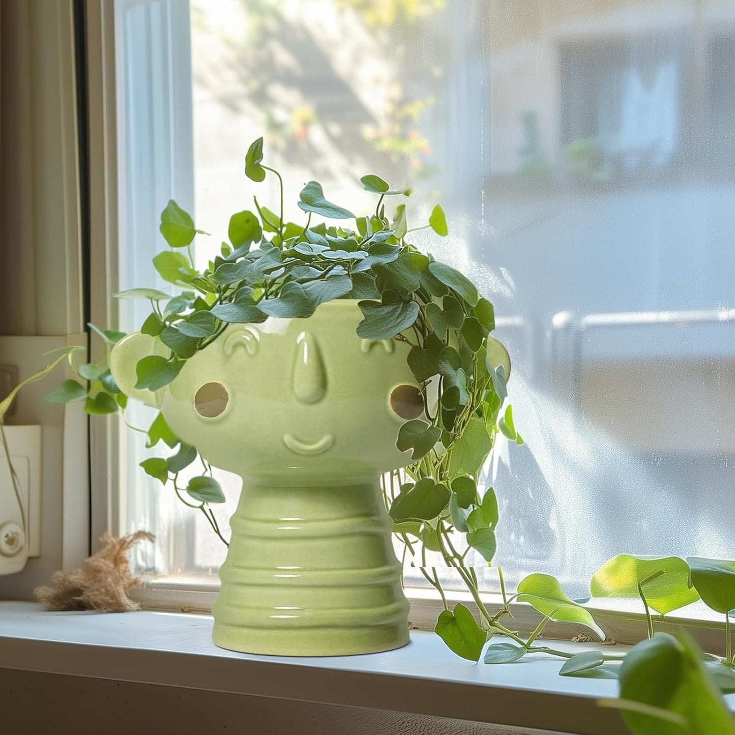 Face Planter Pots Head - 7 Inch Ceramic Succulent Plant Pots with Drainage Hole, Cute Head Planters for Indoor Outdoor Plants, Room Desk Office Decor, Plant Lover Gifts, Green