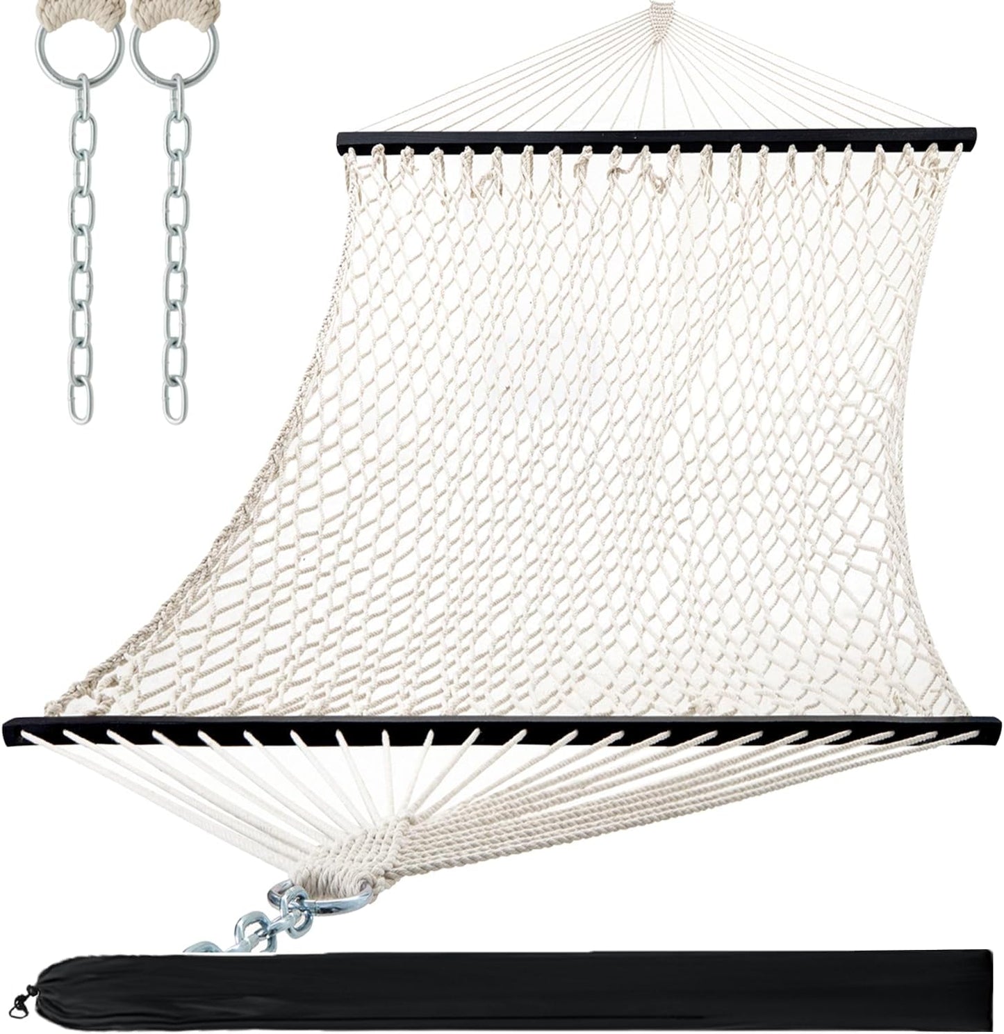 PNAEUT Double Hammocks for Outside, 13ft Traditional Rope Hammock for 2 Person with Hardwood Spreader Bar and Carrying Bag, 475 lbs Capacity (Beige)