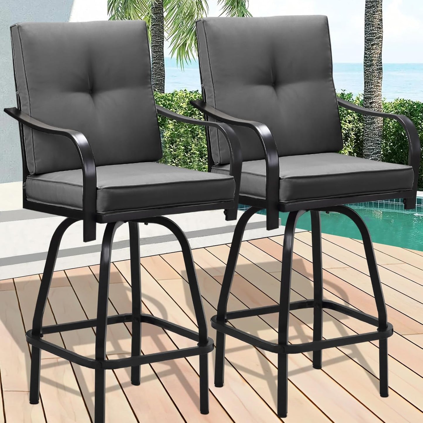 Patio Swivel Bar Stools, Outdoor High Back Swivel Bar Stool Chair Set of 2 with Cushion & All Weather Steel Frame, Dark Gray
