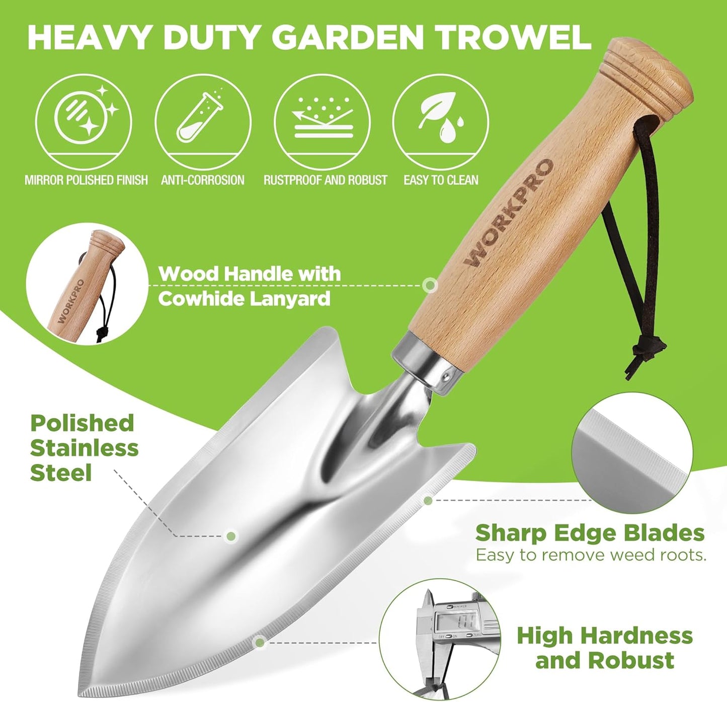 WORKPRO 11" Garden Hand Trowel, Heavy Duty Polished Stainless Steel Garden Shovels with Wood Handle, Small Gardening Hand Tools for Digging, Planting, Measure, Transplanting
