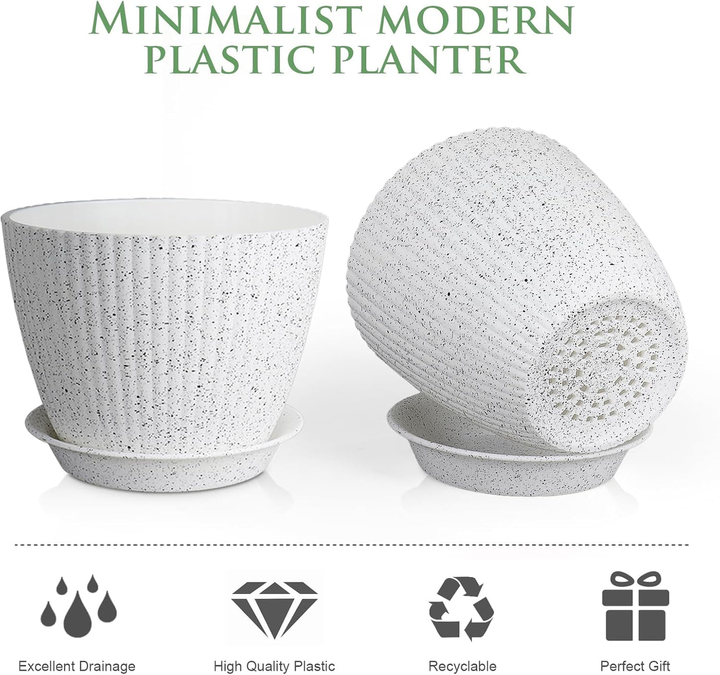 7/6.2/5.5/5/4.5/4 inch Flower Pots, 6 Pack Plant Pots for Small Indoor Outdoor Plants, Plastic Planters with Drainage Holes and Saucers for Garden Succulent House Plants, Speckled White