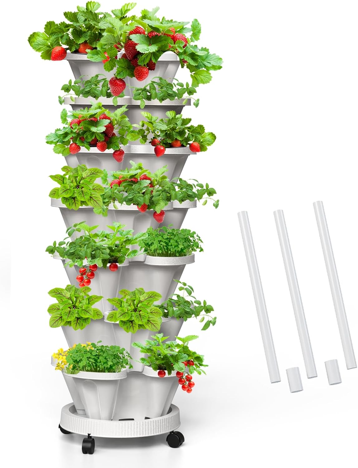 Strawberry Vertical Planters, 7 Tiered Stacking Tower Garden with Support Pole, Stackable Herb Vegetable Planters Indoor and Outdoor - White