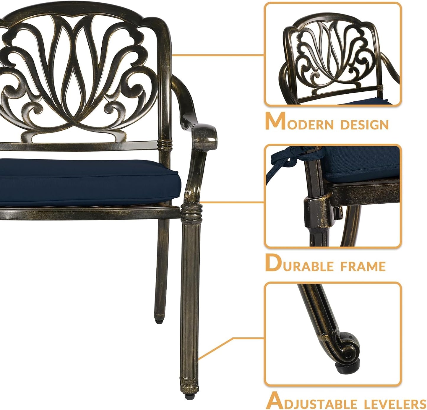 3-Piece Outdoor Patio Dining Set, All-Weather Cast Aluminum Patio Furniture Set for Backyard Garden Deck with 2 Cushioned Chairs and 31” Round Table, 2" Umbrella Hole, Navy Blue