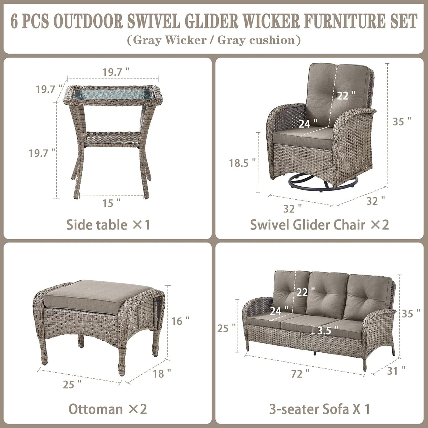 6 Pieces Wicker Patio Furniture Set - Swivel Rocker Outdoor Chairs with Outdoor Couch and Side Table, All-Weather Patio Conversation Set for Sunroom Deck Backyard