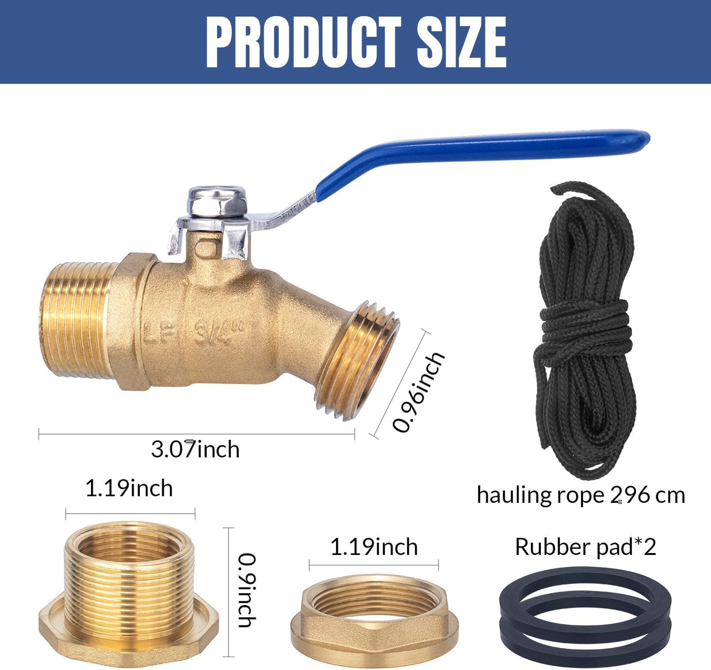 Brass Water Container Rain Barrel Spigot Kit Lead-Free Spigot Kit 55 Gallon Water Tank Ball Valve,3/4"Inlet to 3/4"GHT Male Thread Outlet Suitable for Garden Hose Thread Connection