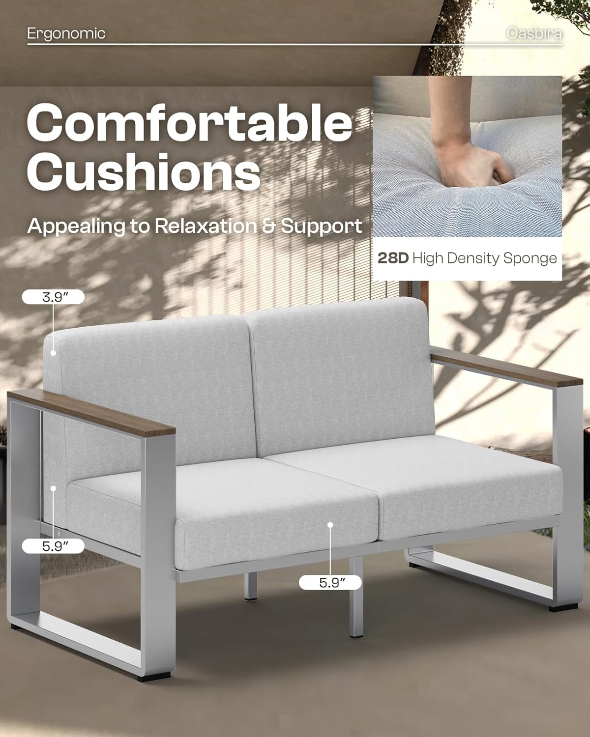 Aluminum Outdoor Patio Furniture, 1 Piece 3-Seat Sofa, All-Weather Metal Modern Outside Sofa for Deck, Porch (LightGray)