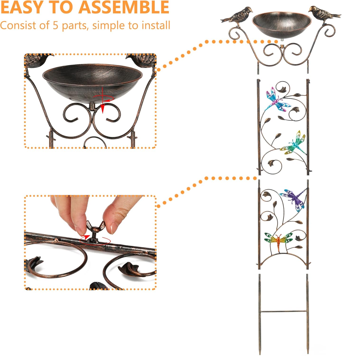 SUNNYPARK Bird Bath with Trellis Outdoor, Antique Garden Iron Plant Trellis with Decorative Dragonfly Detachable Bird Bath Bowl Metal Potted Plant Support for Climbing Flowers