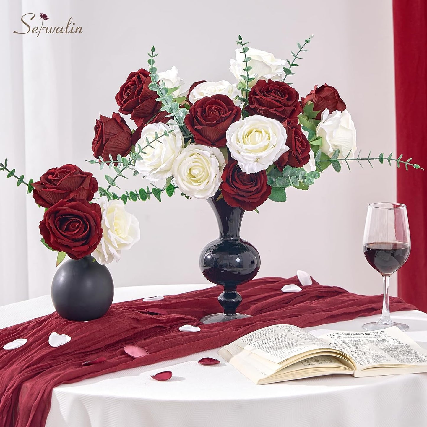 Serwalin 20pcs Artificial Dark Red Roses, 4'' Big Velvet Flower Head Fake Roses, Realistic Silk Roses Real Touch Bouquet Long Stems for Wedding Home Decor and Table Centerpiece