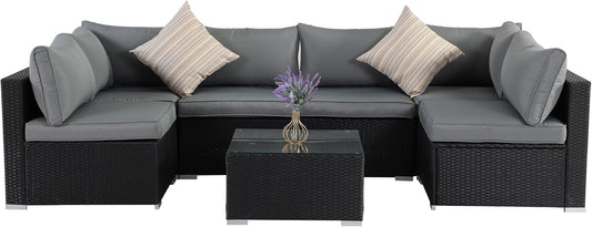 7-Piece Patio Furniture Set - Outdoor Sectional Sofa Set with Cushions and Glass-Top Coffee Table for Gardens, Poolside, Backyards and Porches, Black/Grey