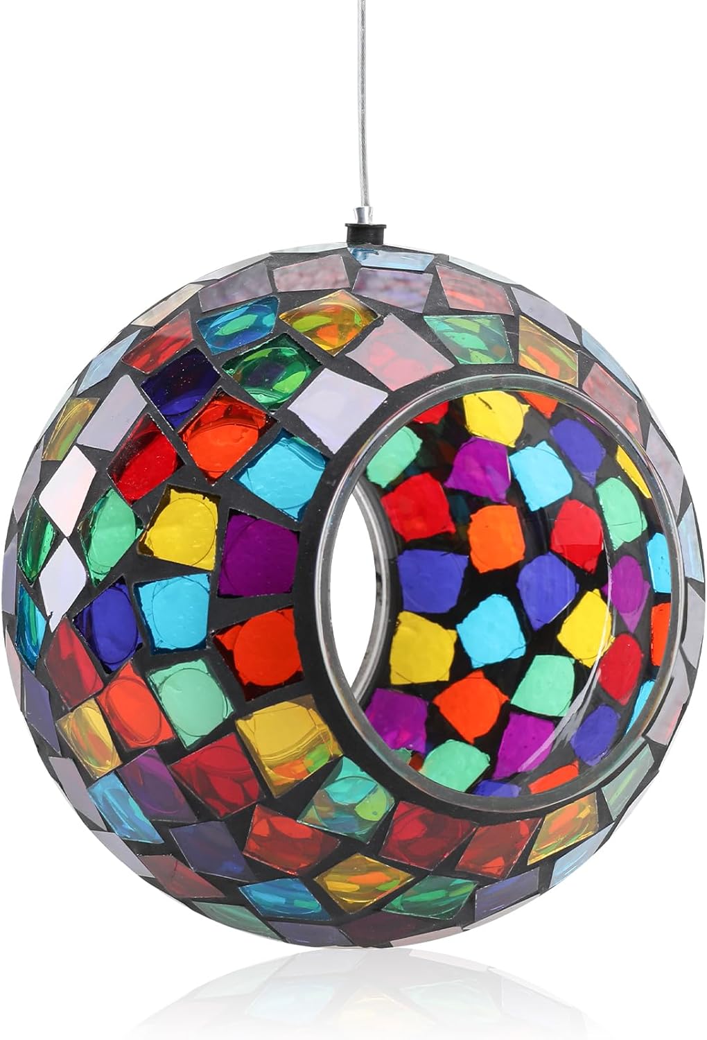 Yinns Mosaic Bird Feeder, Hanging Glass Birds Feeder, Fly Through Bird Feeder with Oval Stained Glass, Outdoor Garden Decor, 6.5 inch Purple