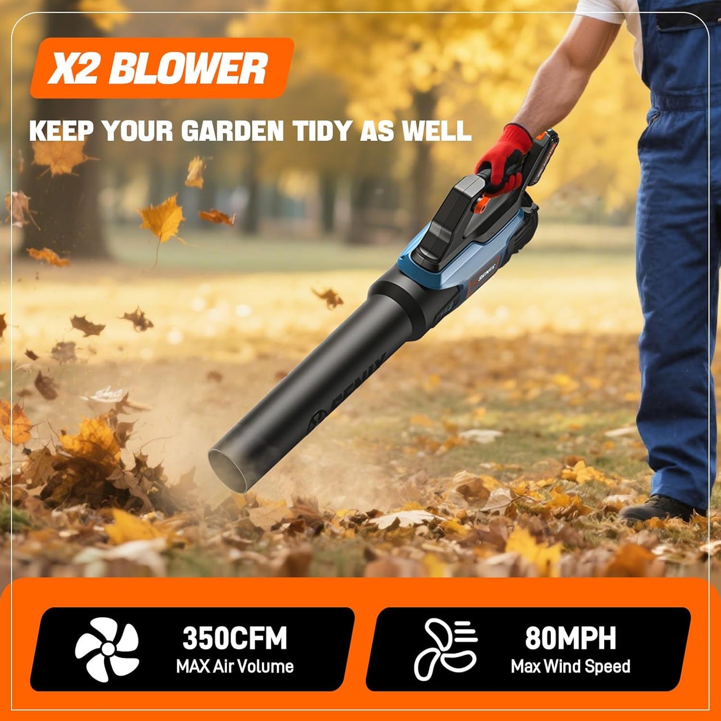 SENIX 20V Max Leaf Blower, Cordless, Brushless, Handheld, Up to 350 CFM and 80 MPH, 2 Speed Mode, Cruise Control, Lightweight, 4.0 Ah Battery and Charger Included (BLAX2-M)