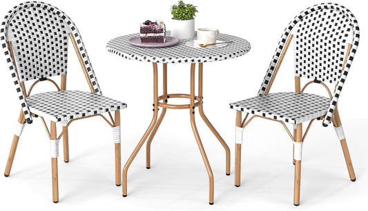 Tangkula 3 Piece French Bistro Table Chair Set, Outdoor Wicker Round Table & 2 Dining Chairs with Metal Support, Outside Accent Dining Furniture Set for Garden, Balcony, Porch