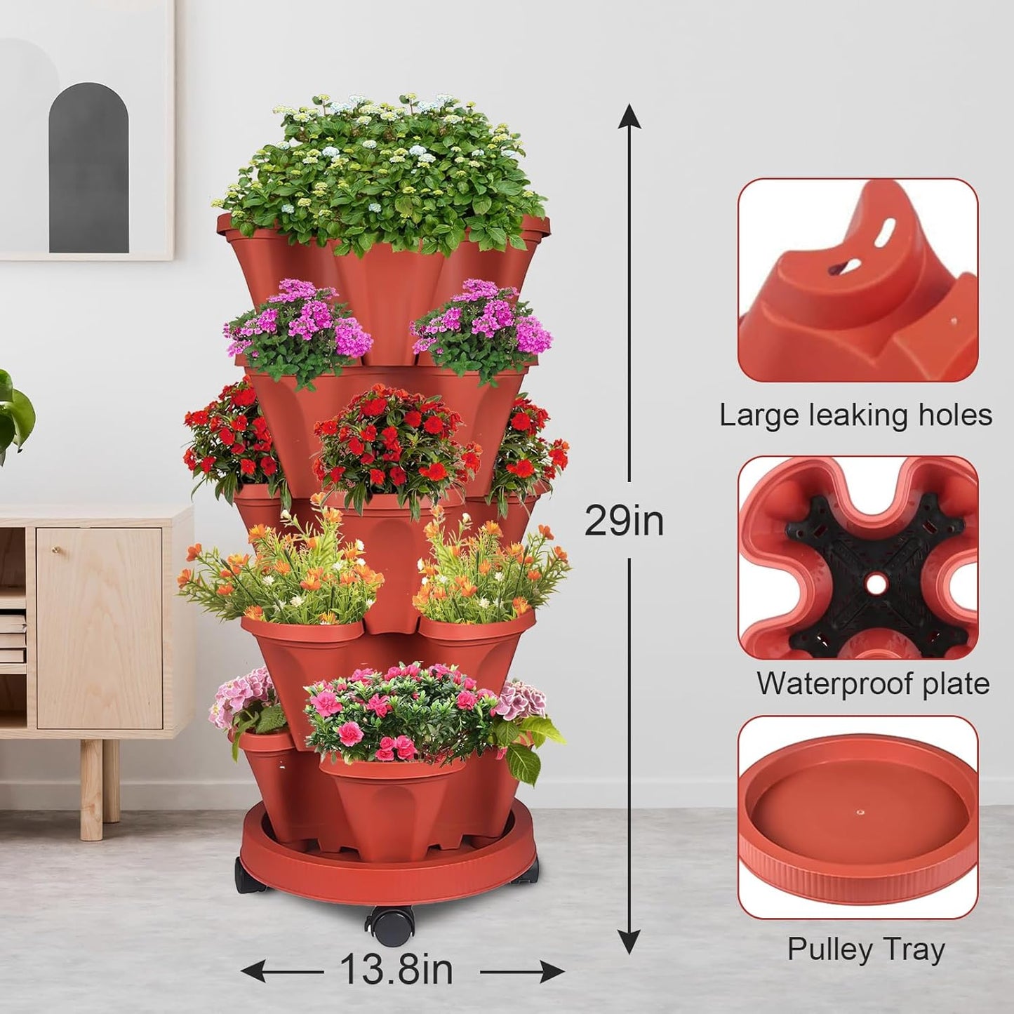 Vertical Strawberry Planter-5 Tier Stackable Herb Tower Planters Stacking Garden Planters Pot Outdoor with Tools Removable Wheels for Growing Flowers, Vegetables and Succulents