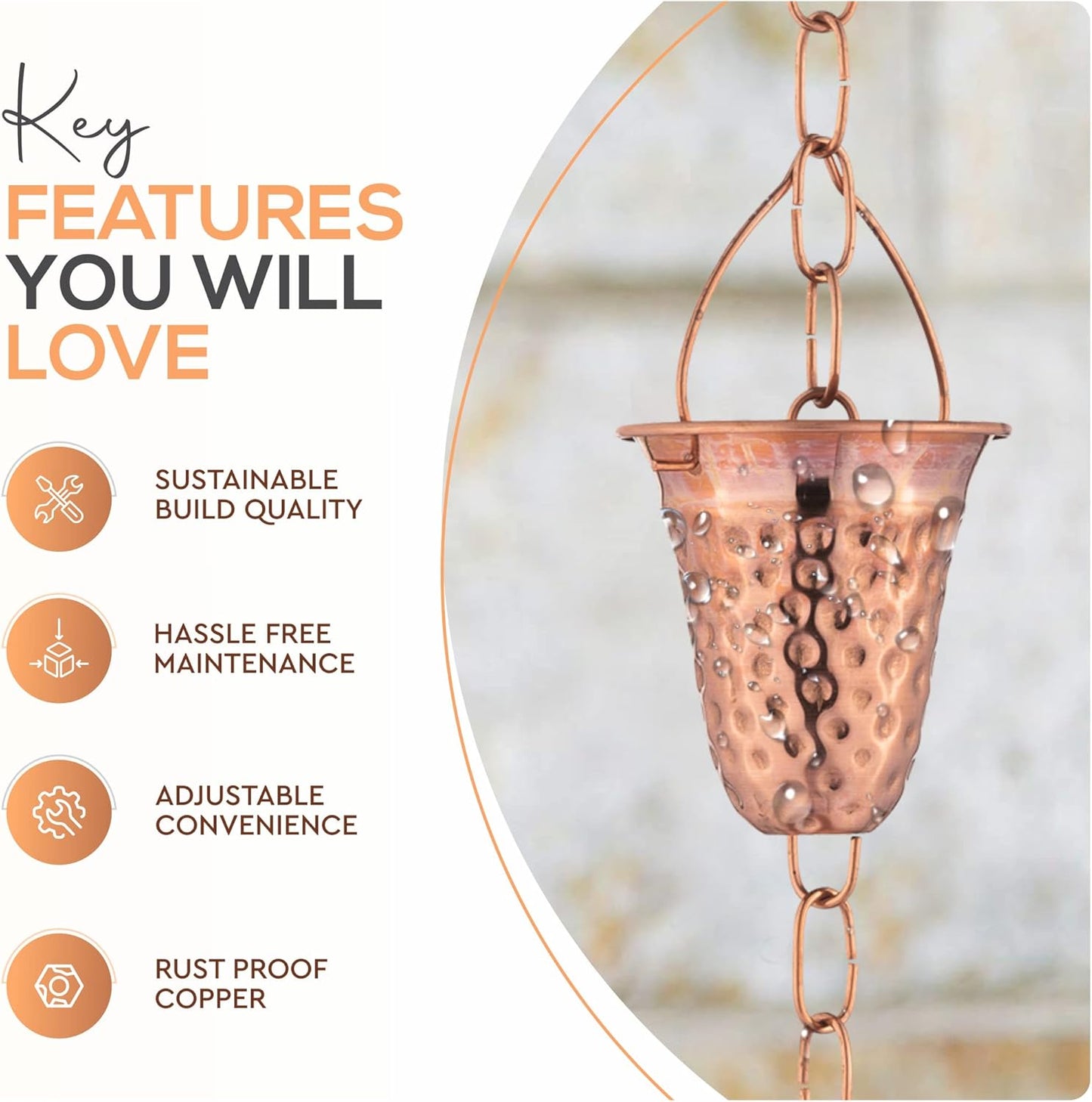 Copper Hammered Rain Chain – Decorative Chimes & Cups Replace Gutter Downspout & Divert Water Away from Home for Stunning Fountain Display – 6.5’ Long for Universal Fit – Bell Style