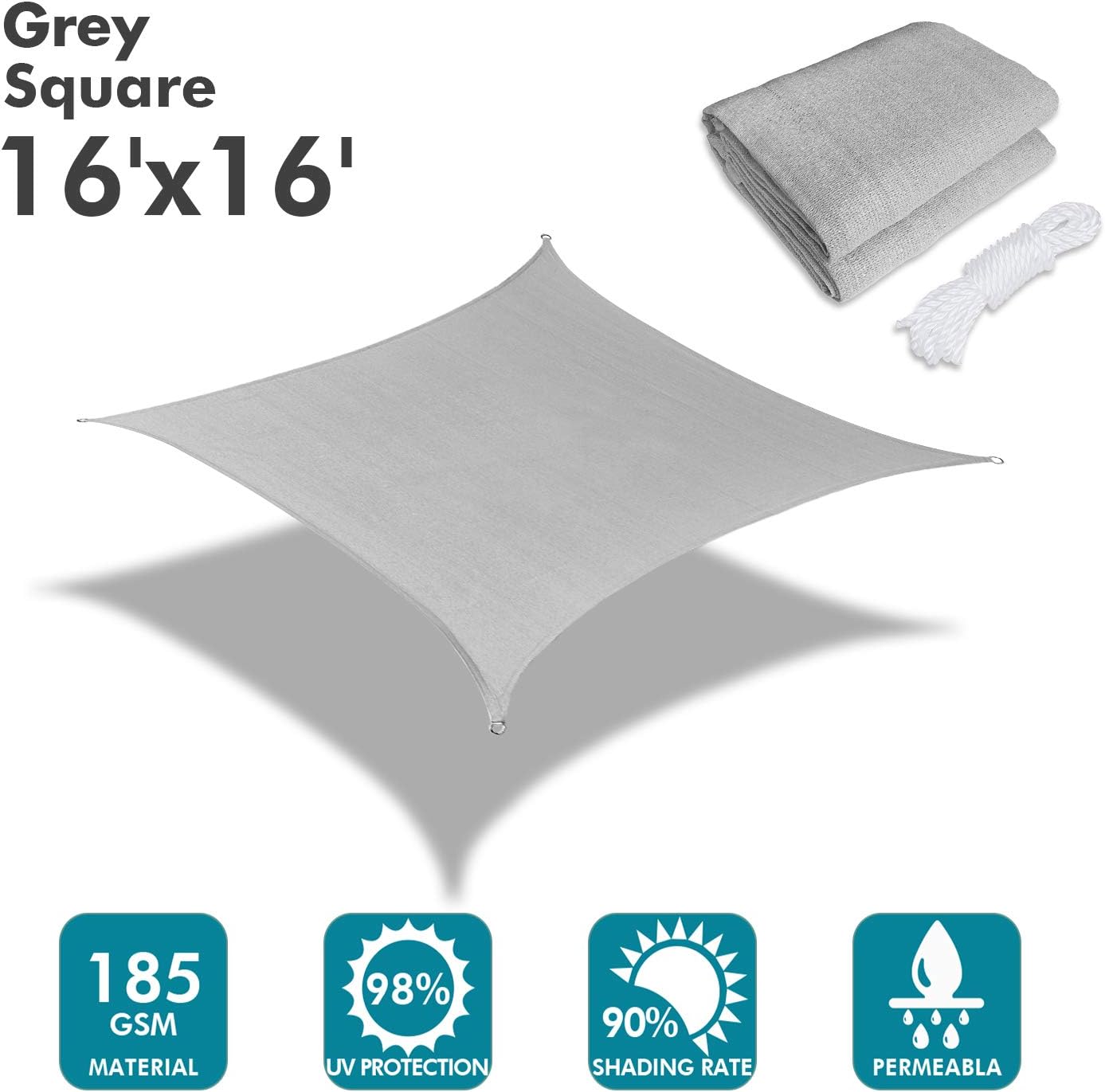 KANAGAWA Sun Shade Sail 16'x16' Gray Rectangle UV Block Canopy Cover for Patio Backyard Lawn Garden Outdoor Activities