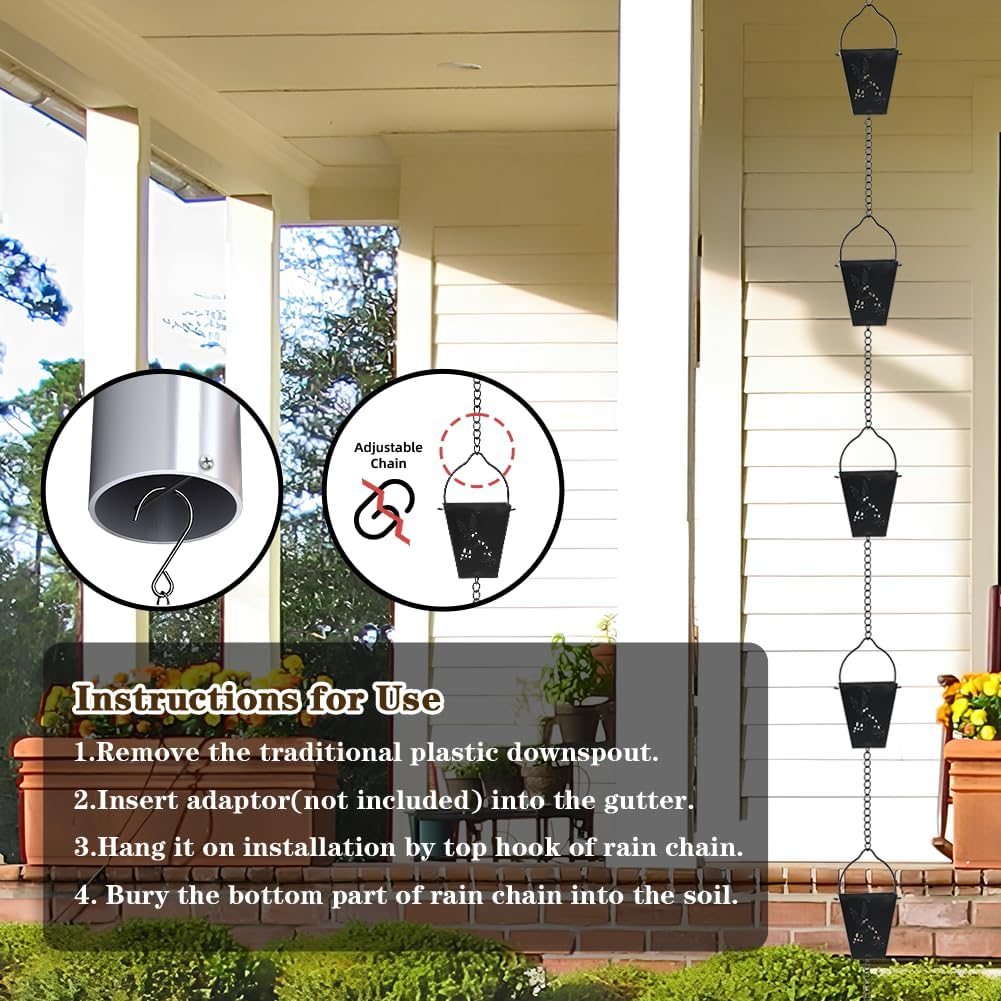 10.92 FT Black Rain Chain, Square Rain Chain for Outside with 12 Cups Adjustable Metal Chain Rain Catcher Chain for Gutters, Eaves, Drainage, Replacement for Downpout