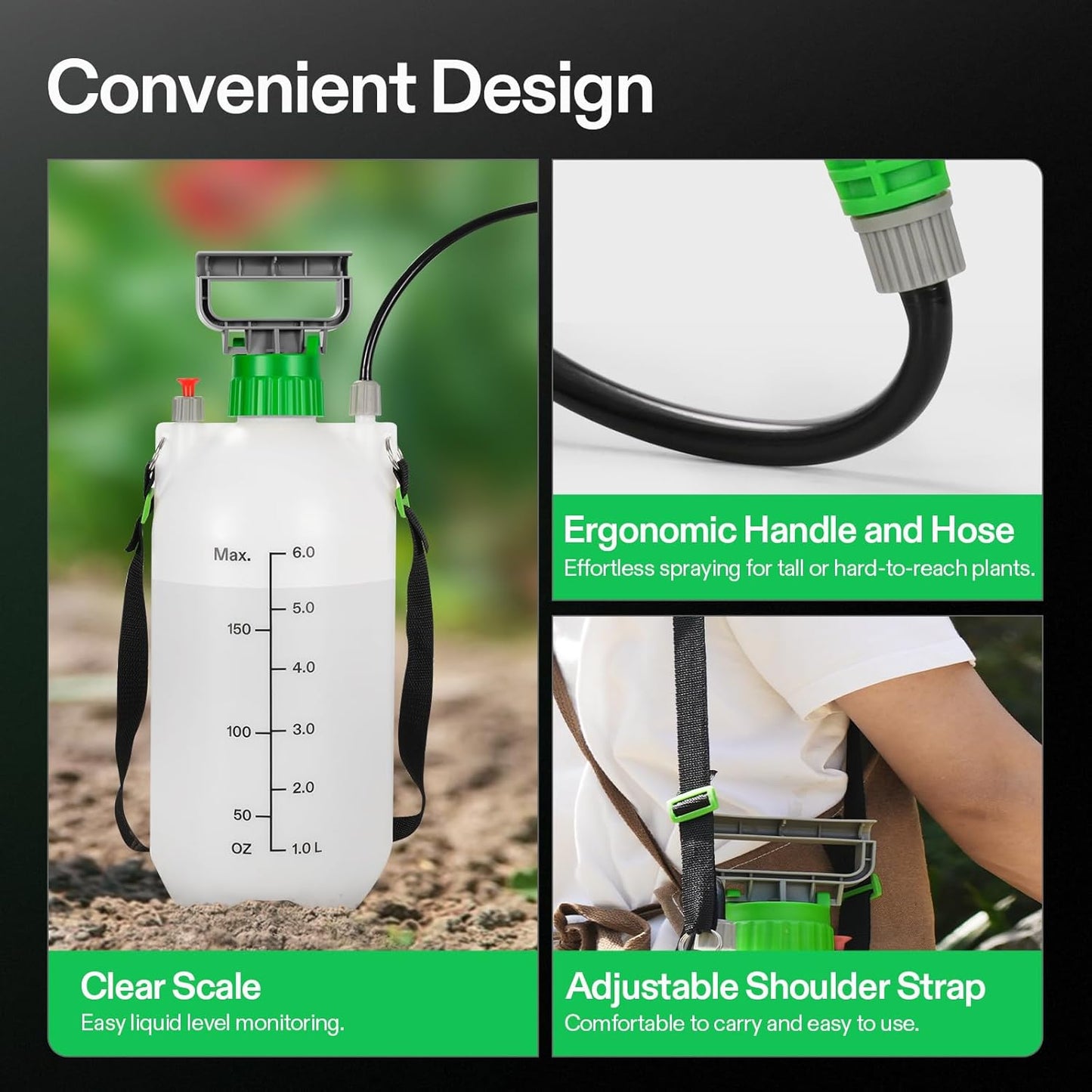 VIVOSUN 1.6 Gal/6L Pump Sprayer, Garden Water Sprayer for Plants, Weeds & Lawn Care, with 3 Nozzles, 50'' Long Hose & Pressure Relief Valve