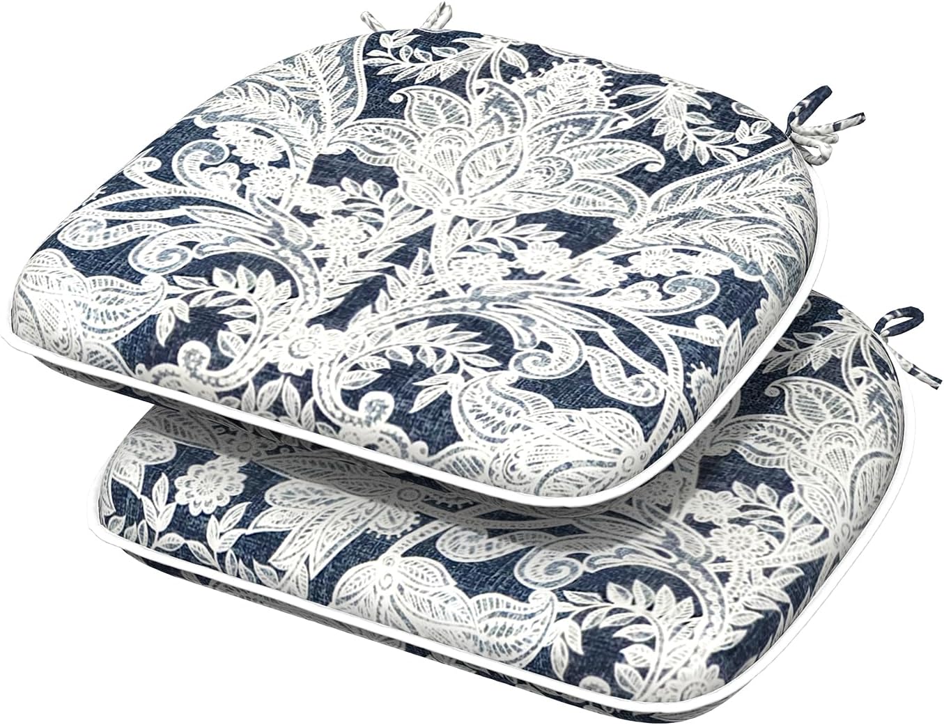 Indoor/Outdoor Chair Cushions 16x17 Inch, Patio Chair Cushions with Ties, All Weather Seat Cushions for Patio Furniture Home Garden Chair Use, Set of 2,Damask Lapis