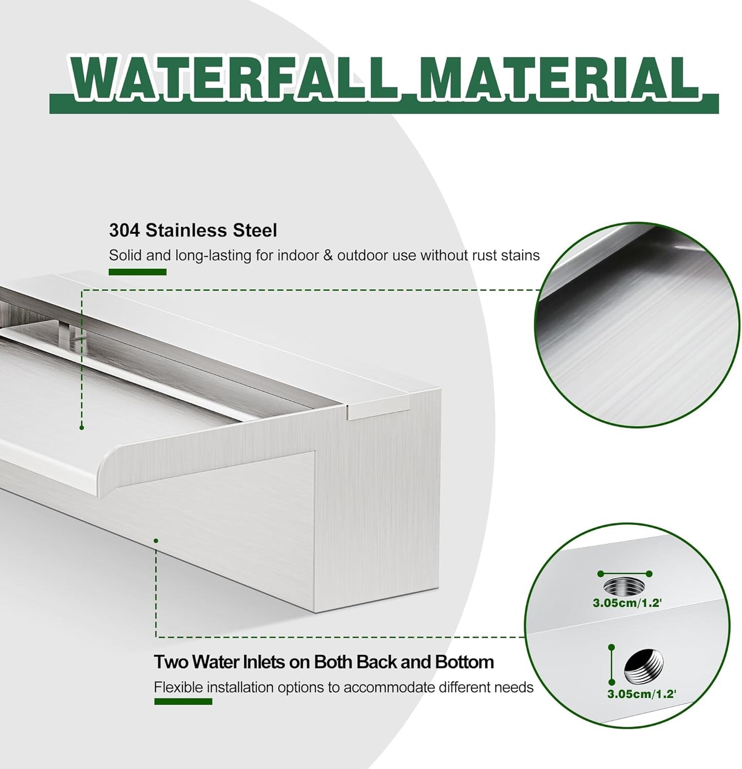 Waterfall Pool Fountain, LONGRUNNEW Stainless Steel Waterfall Spillway with Pipe Connector Kits for Outdoor/Indoor Decorative, 23.6 Inches Pool Water Feature for Garden Patio, Backyard Koi Pond Decor