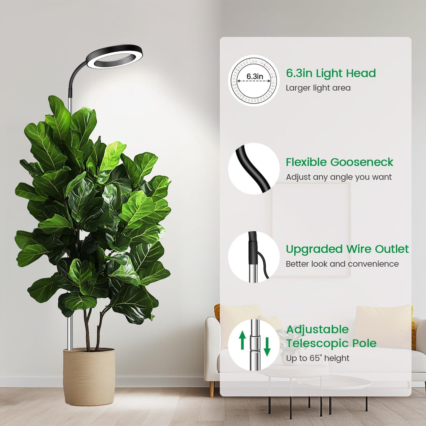 Garpsen Grow Lights for Indoor Plants, Full Spectrum 65'' Plant Light with Gooseneck, 3 Colors Modes and 5 Dimmable Levels, 6/12/16H Timer, 80 LED Height Adjustable Grow Lamp for Plants(Soil Insert)