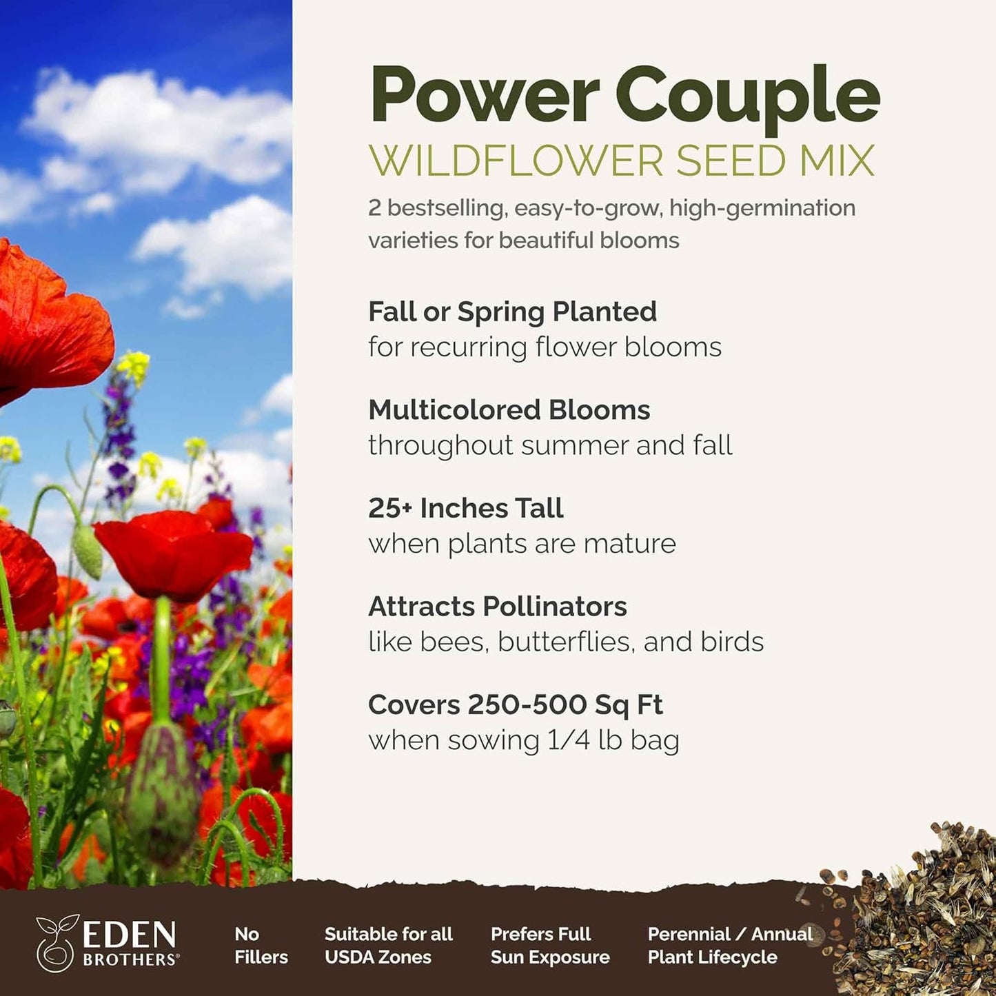 Eden Brothers Power Couple Flower Mixed Seeds for Planting, 1/4 lb, 120,000+ Seeds with Rocket Larkspur, Bupleurum | Attracts Pollinators, Plant in Spring or Fall, Zones 3, 4, 5, 6, 7, 8, 9, 10