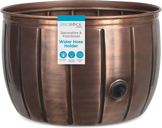 BIRDROCK HOME Water Hose Holder - Decorative Metal Pot, Indoor or Outdoor, Garden Storage Organizer, Patio Portable Bucket - Antique Copper, Holds up to 100ft Hoses, Medium No Lid