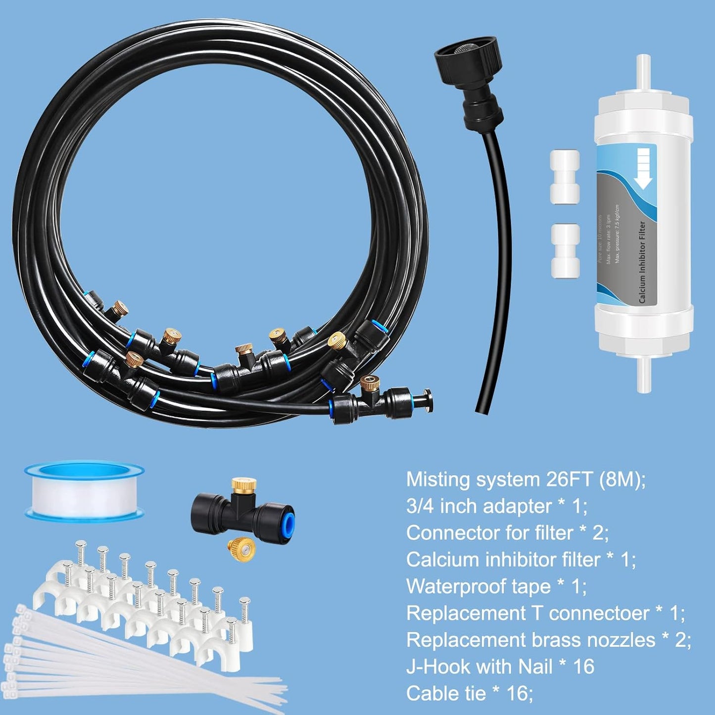 Misting System with Water Filter - Upgraded Signice 26 Ft (8M) Line & 7 Brass Mist Nozzles Outdoor Misters for Patio Cooling Mister Systems Kit for Outside Garden Backyard Greenhouse (Black)