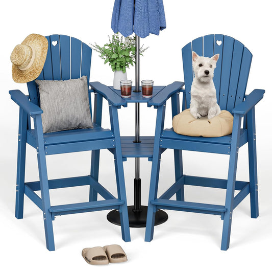 Tall Adirondack Chairs Set of 2-Durable HDPE Outdoor Bar Stools with Double Connecting Tray, Weatherproof Patio Furniture for Poolside, Backyard, Deck & Lawn Relaxation (Navy Blue)