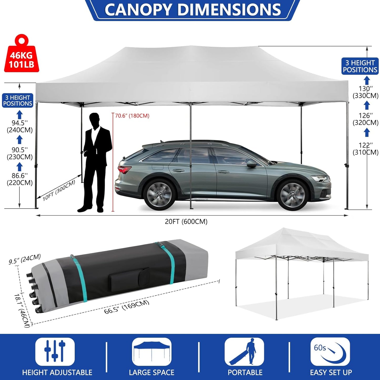 COBIZI 10x20 Pop up Canopy Tent Heavy Duty Without Sidewalls, Easy Set-up Commercial Outdoor Party Tent, 100% Waterproof Wedding Gazebo, 3 Height Adjustable with Wheeled Bag, White