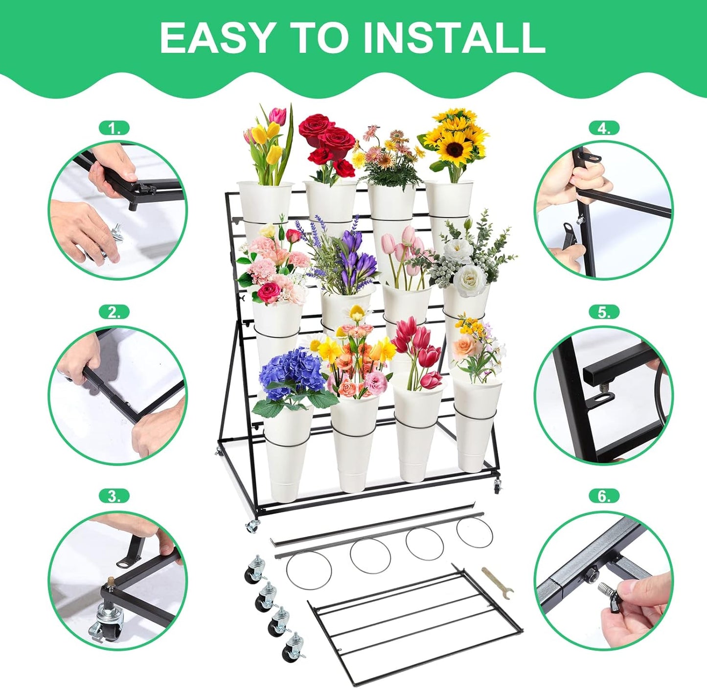 Flower Display Stand with Buckets, 3 layers Metal Plant Stand with Wheels, Moving Florist Bouquet Shelf for Fresh Shop, for Patio Garden, Outdoor Flower Pop-Up Events (Black Frame - White Bucket)