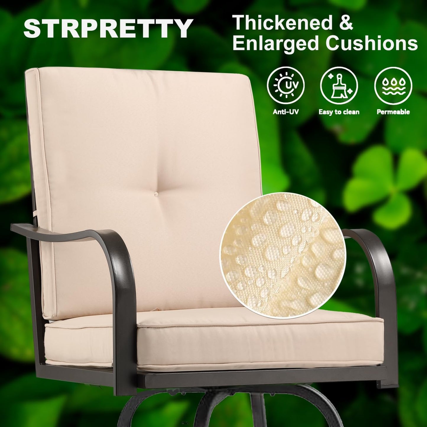 Patio Swivel Bar Stools Set of 2, Outdoor Bar Height Patio Swivel Chairs with Cushion for Garden Balcony Backyard (Beige)